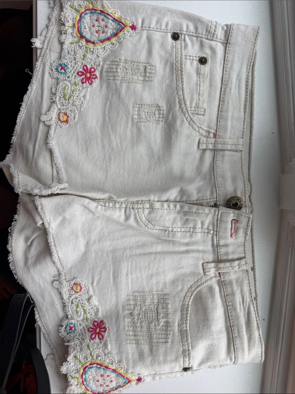 Mudd White Denim Shorts with Colorful Embroidered Trim